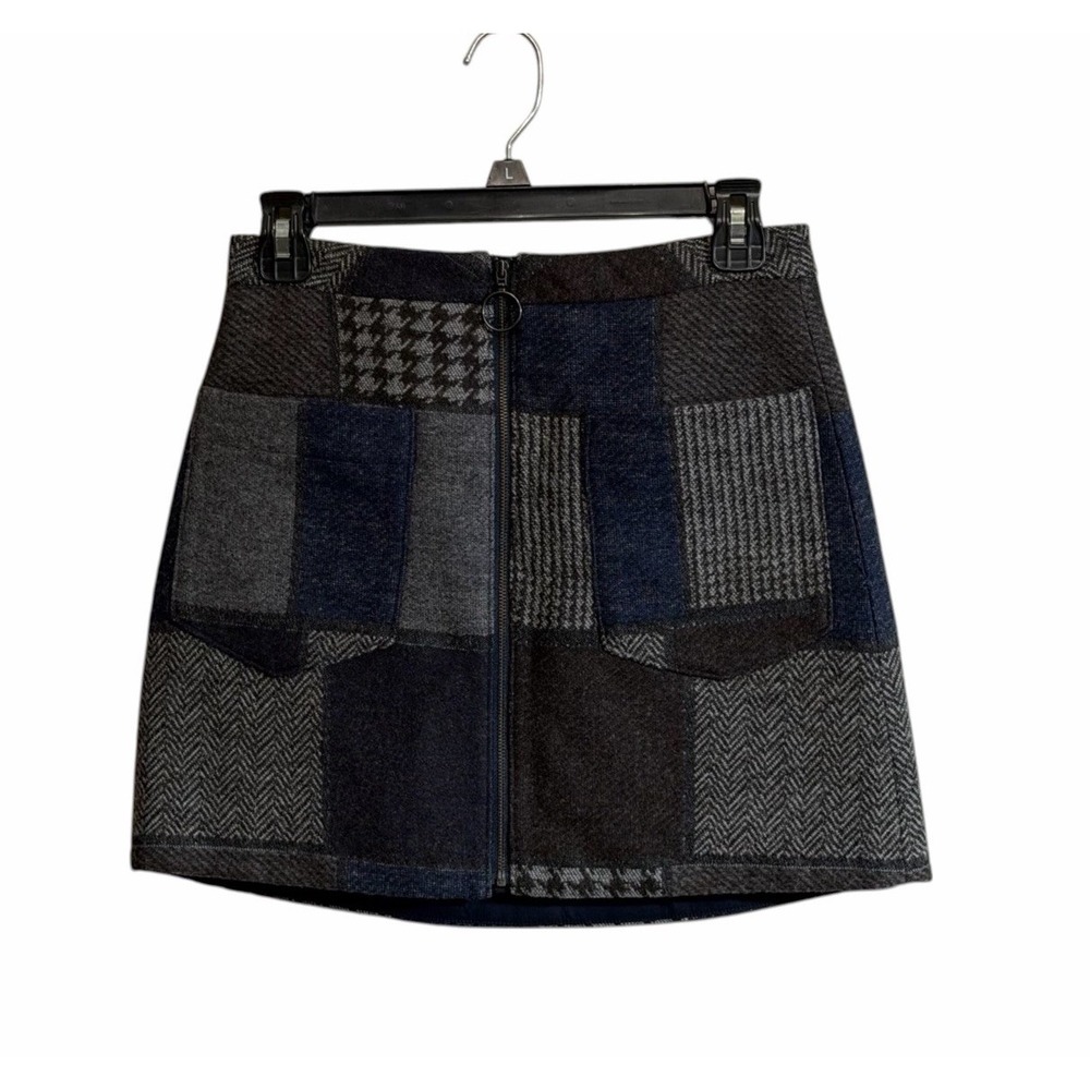 BCBGMaxAzria Mollee Mini Skirt XXS Navy Grey Wool Blend Patchwork Y2K